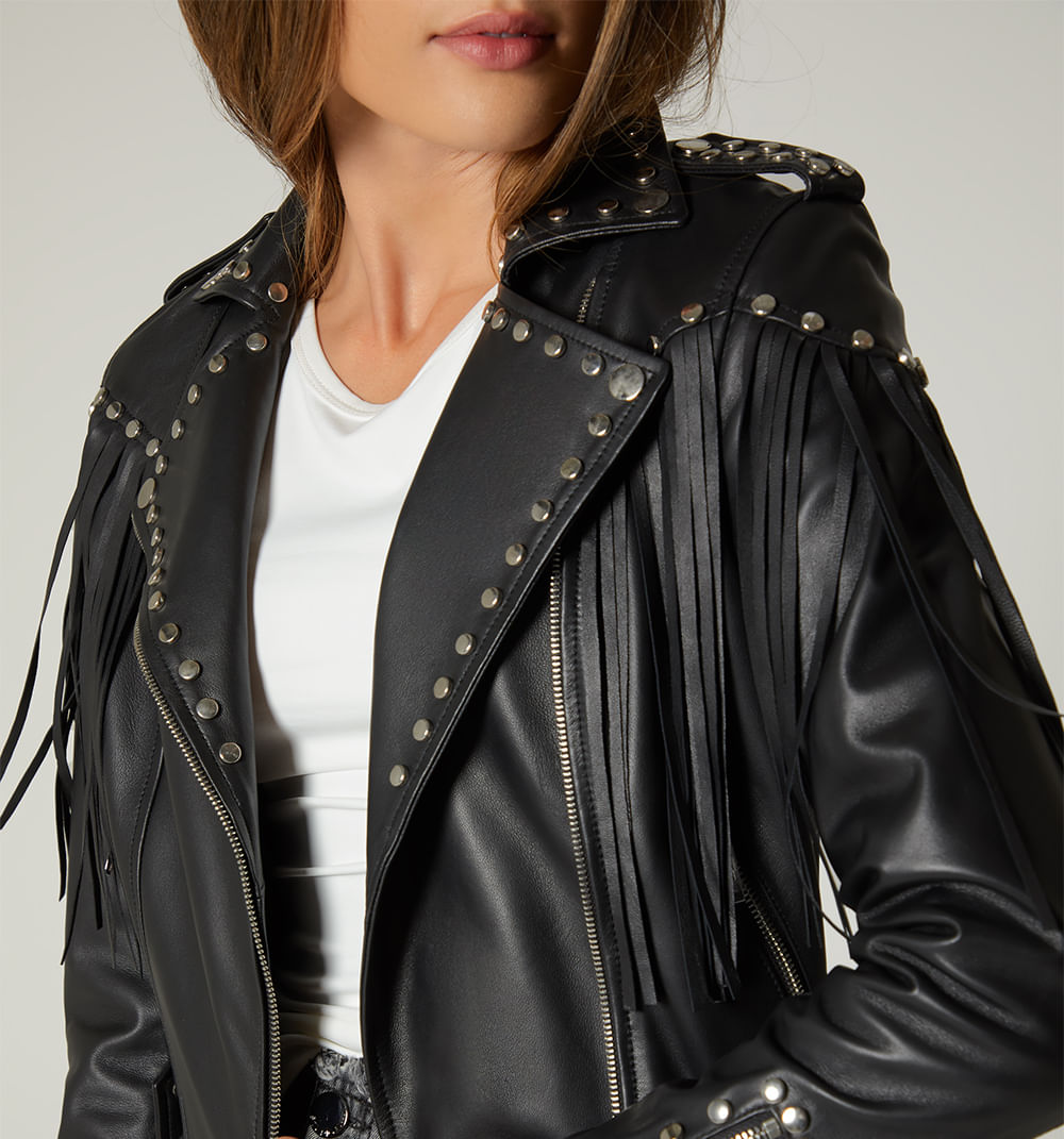 Chamarra Biker En Cuero Con Flecos Y Tac