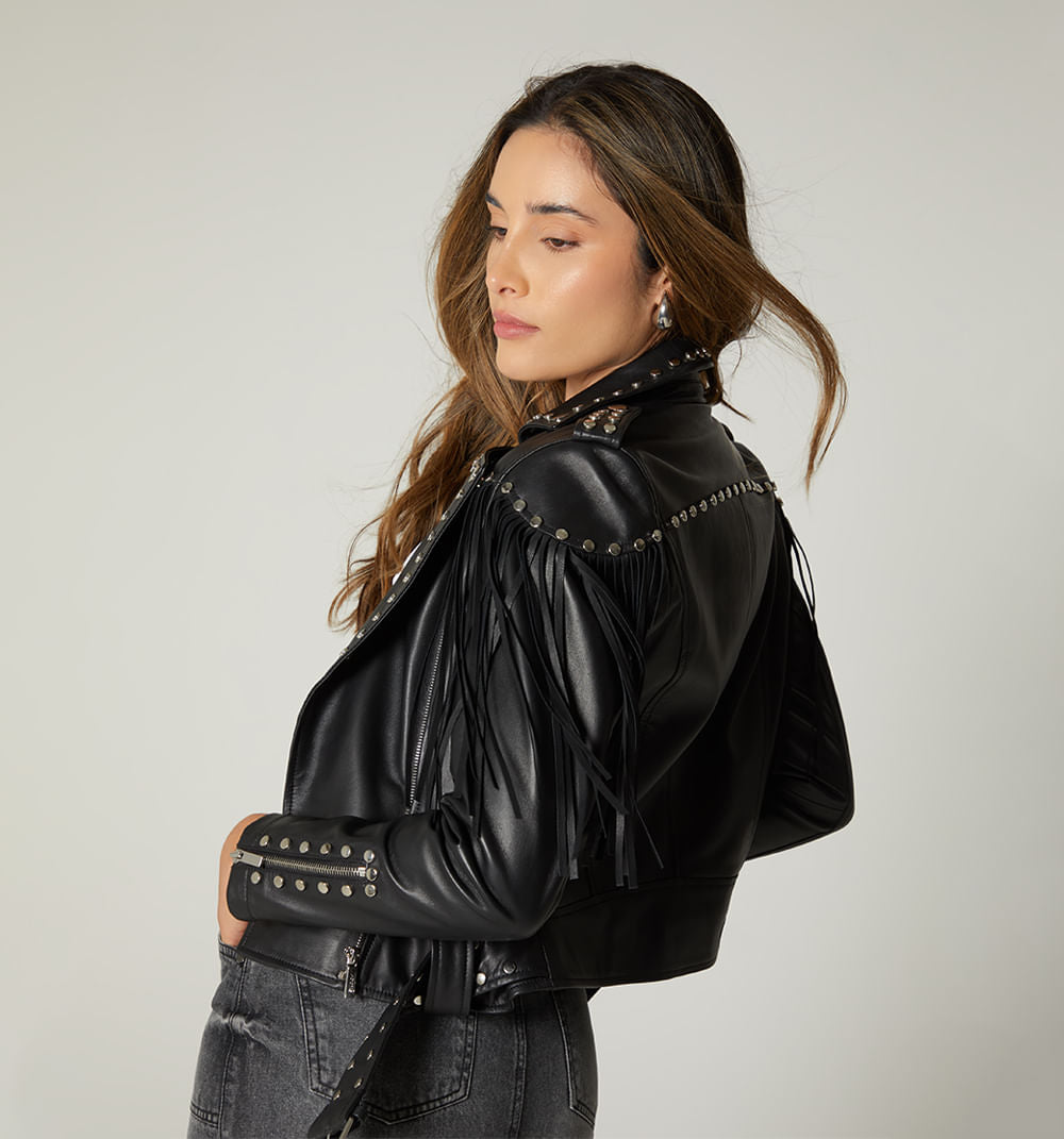 Chamarra Biker En Cuero Con Flecos Y Tac